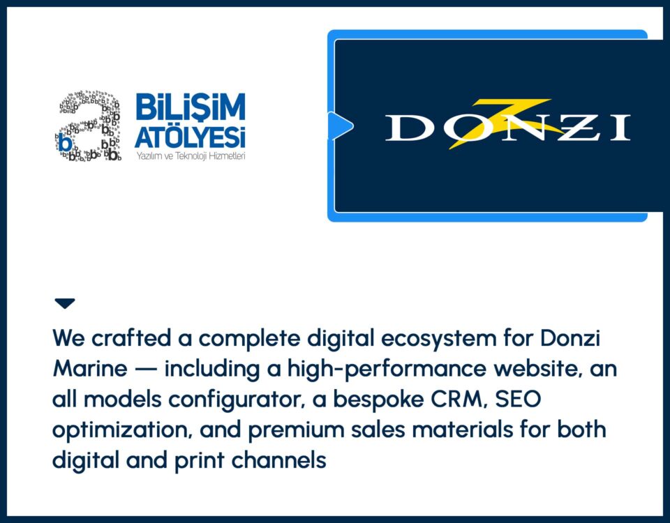 Donzi Marine Bilisim Atolyesi: We crafted a complete digital ecosystem for Donzi Marine — including a high‑performance website, an all‑models configurator, a bespoke CRM, SEO optimization, and premium sales materials for both digital and print channels.